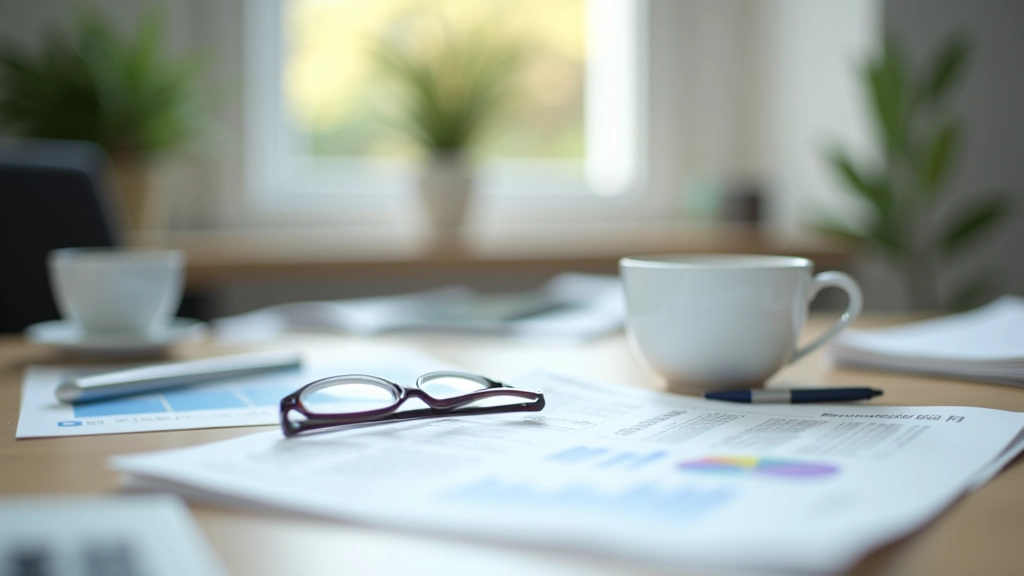 Schreibtisch mit Wirtschaftsnachrichten, Brille und Kaffeetasse in minimalistischem Setting