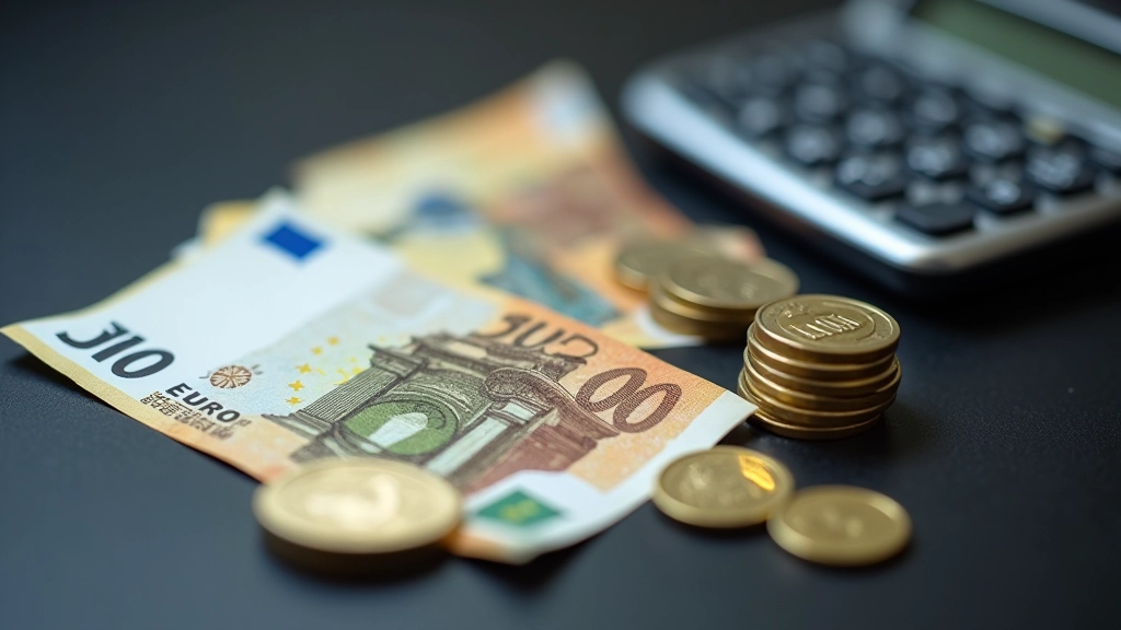 Nahaufnahme von Euro-Banknoten und Münzen auf dunklem Untergrund mit Taschenrechner