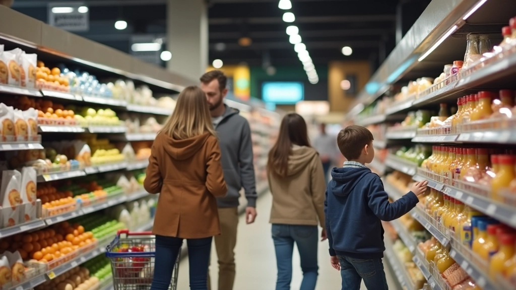 Familie beim Einkaufen im Supermarkt, schauen auf Preisschilder und Produkte