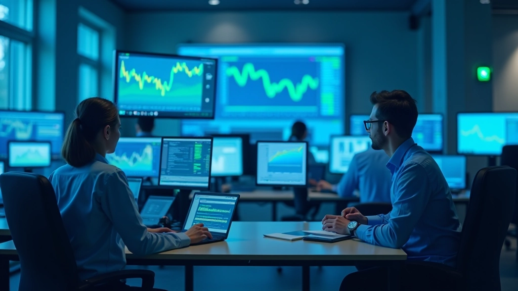 Finanzanalyse-Büro mit Wirtschaftsdaten und Charts auf Bildschirmen
